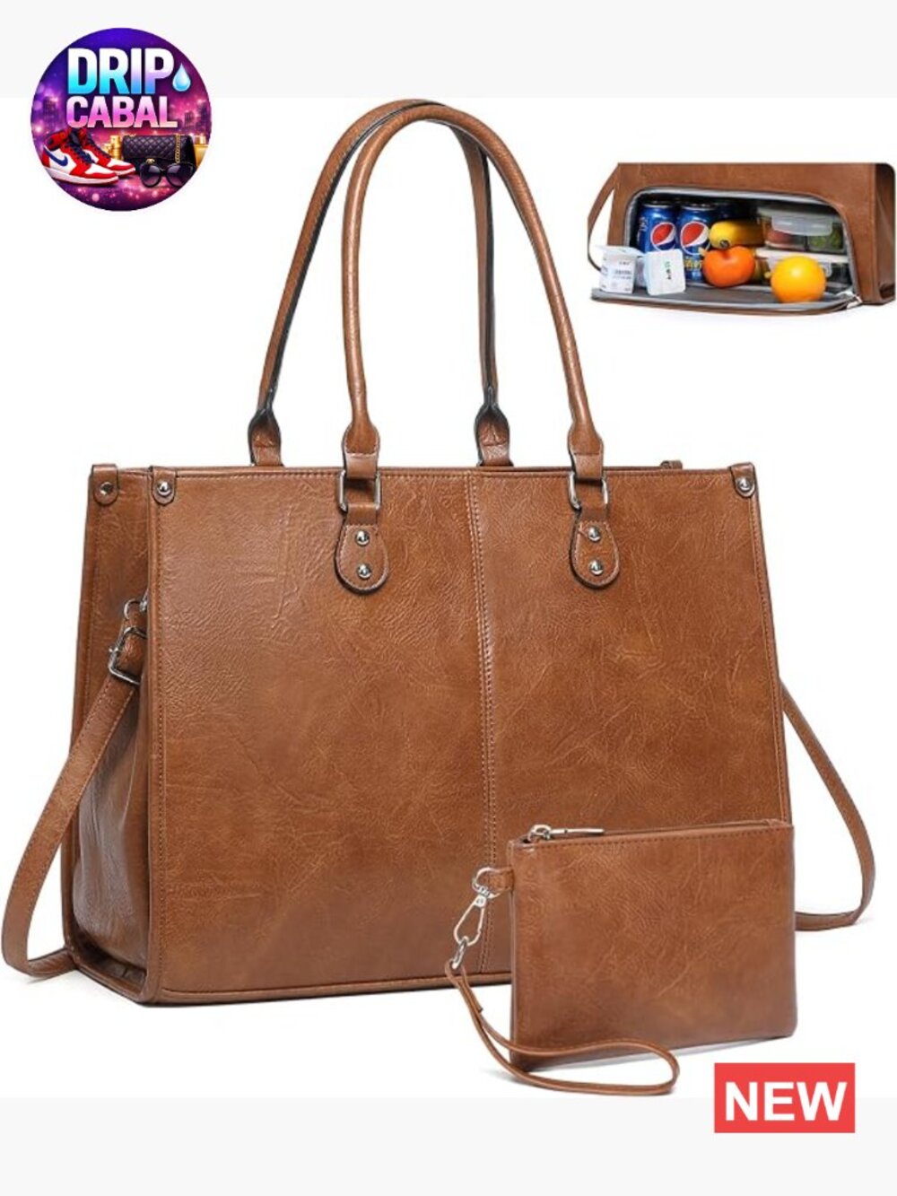 Laptop Tote Bag with Insulated Lunch Compartment, PU Leather, 15.6" Computer
